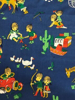 Vintage 60s Novelty Fabric Juvenile Blue Kids Playing, Mexico Theme - 3 Yards